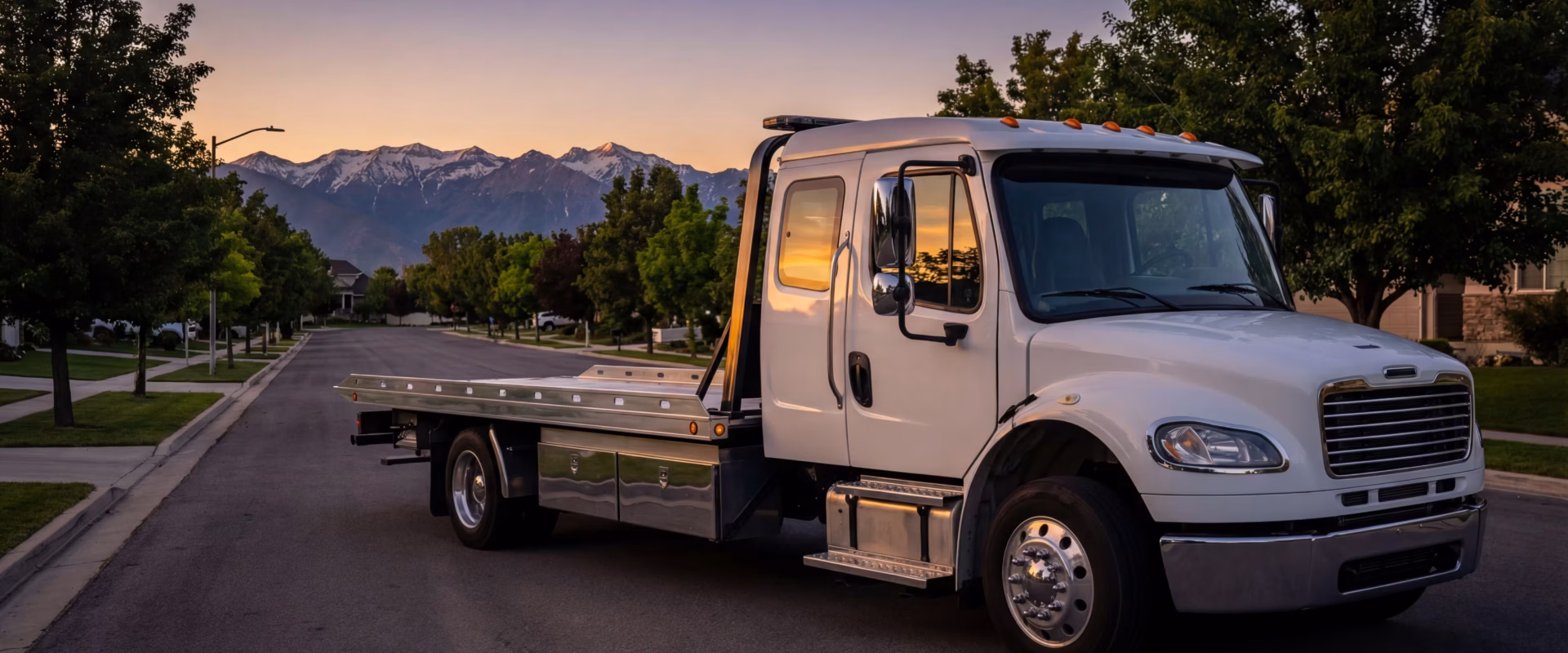 West Jordan Towing truck on the road at night